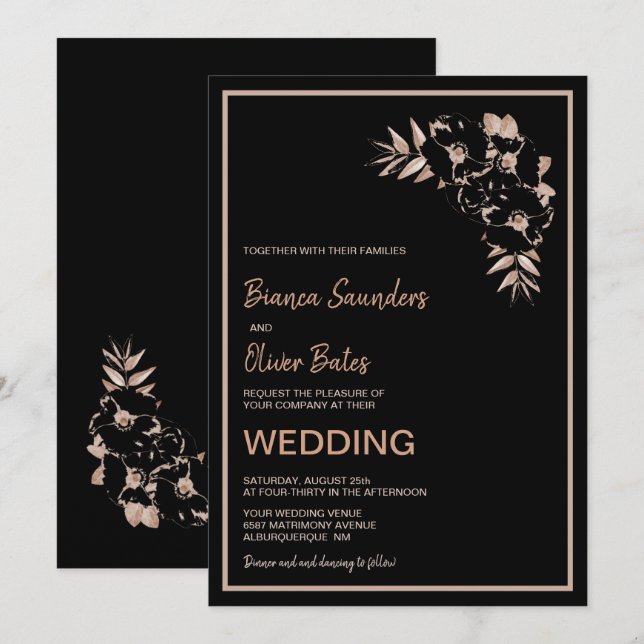 Blush Pink Black Floral Wedding Einladung (Vorne/Hinten)
