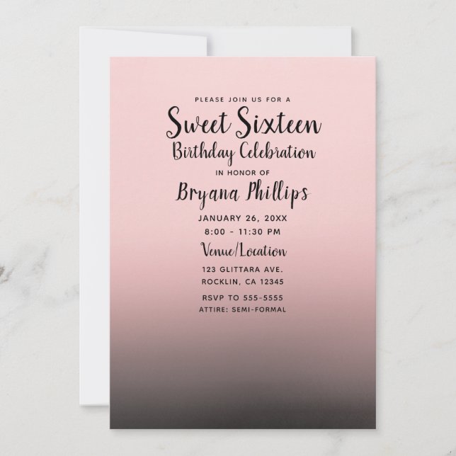 Blush Pink Black Ombre Moderner Chic Sweet 16 Part Einladung (Vorderseite)