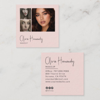 Blush Pink Black Script 3 Photo Makeup  Quadratische Visitenkarte