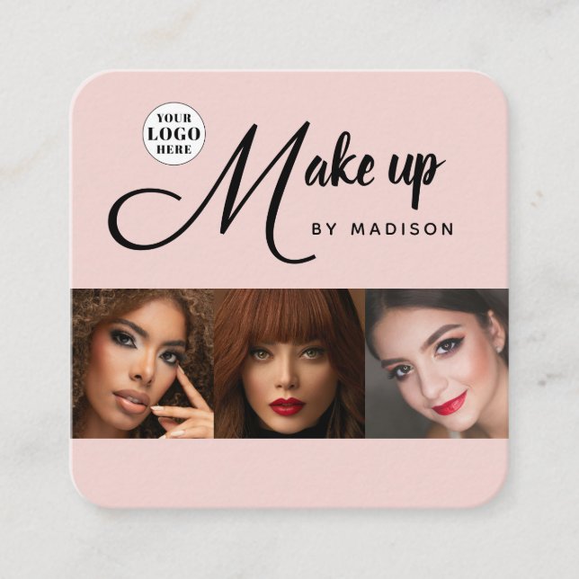 Blush Pink Black Script 3 Photo Makeup Quadratische Visitenkarte (Vorderseite)