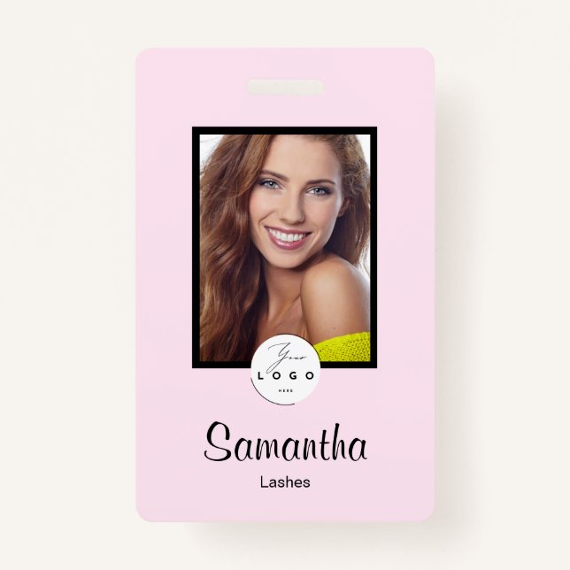 Blush Pink Black Script Logo Photo Makeup Badge Ausweis (Vorderseite)