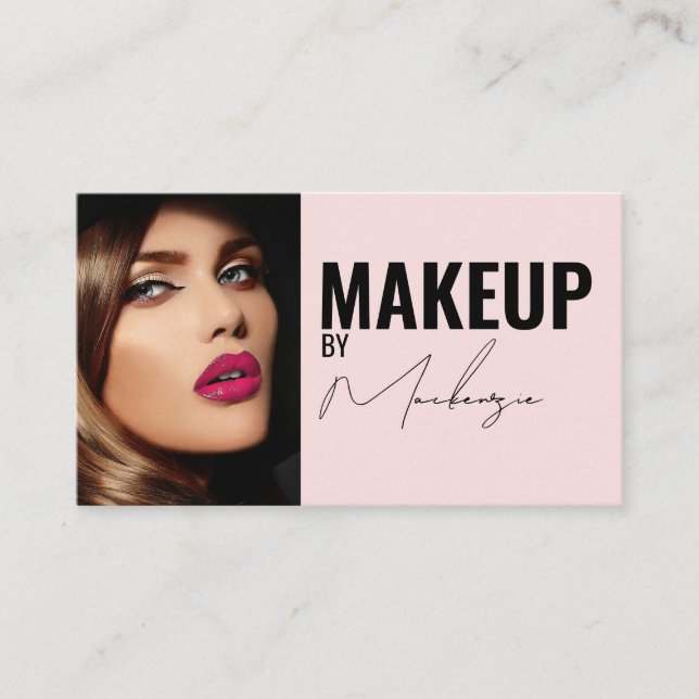 Blush Pink Black Script Photo Makeup Business Card Visitenkarte (Vorderseite)