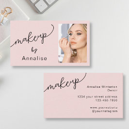 Blush Pink Black Script Photo Makeup Business Card Visitenkarte