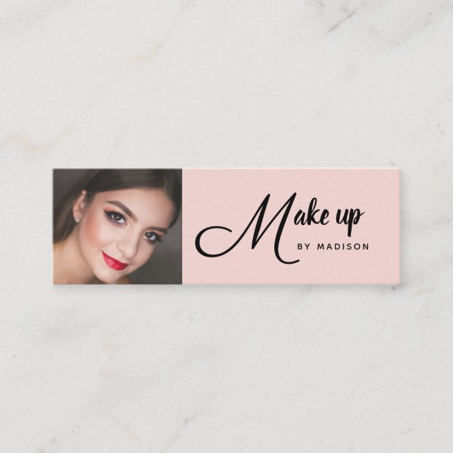 Blush Pink Black Script Photo Makeup Mini Business Visitenkarte (Vorderseite)