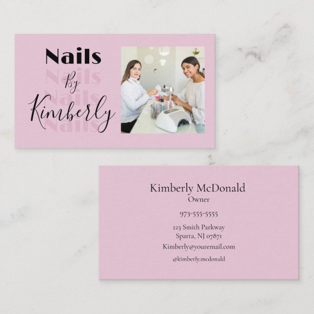 Blush Pink Black Script Photo Nails Business Card Visitenkarte (Vorne/Hinten)