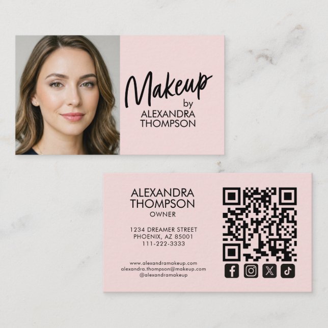 Blush Pink Black Script Qr Code Social Icon Makeup Visitenkarte (Vorne/Hinten)