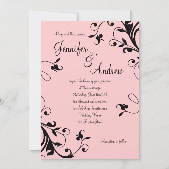 Blush Pink Black Wirbel Pearl Hochzeit Einladung (Vorderseite)