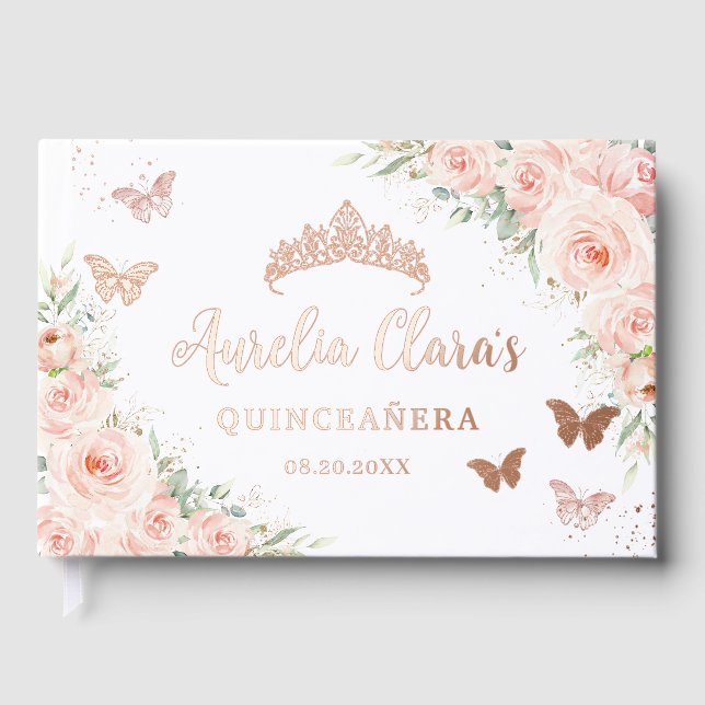 Blush Pink Bläschen Butterfett Rose Gold Quince XV Gästebuch (Vorderseite)