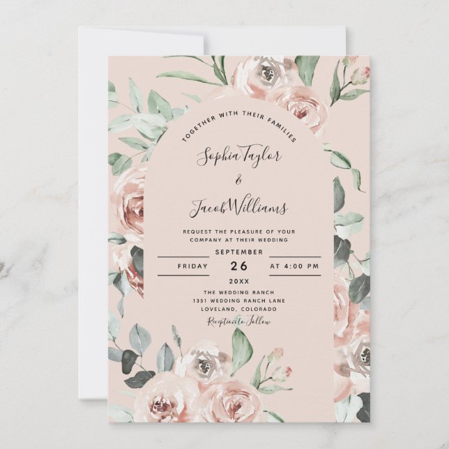 Blush Pink Bläschen Eukalyptus Grüne Hochzeit Einladung (Vorderseite)