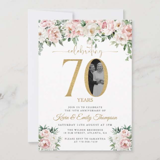 Blush Pink Bläschen Foto 70 Jahre Jubiläum Einladung (Vorderseite)