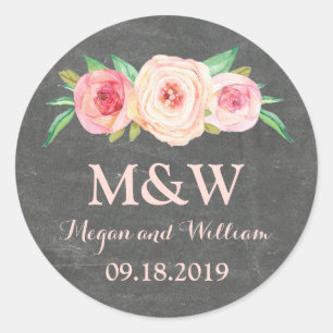 Blush-Pink-Bläschen-Monogramm-Hochzeit der Kopfpla Runder Aufkleber