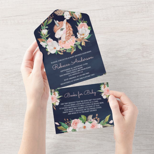 Blush Pink Bläserngeflochtene Unicorn Navy Baby Du All In One Einladung (Abreißen)