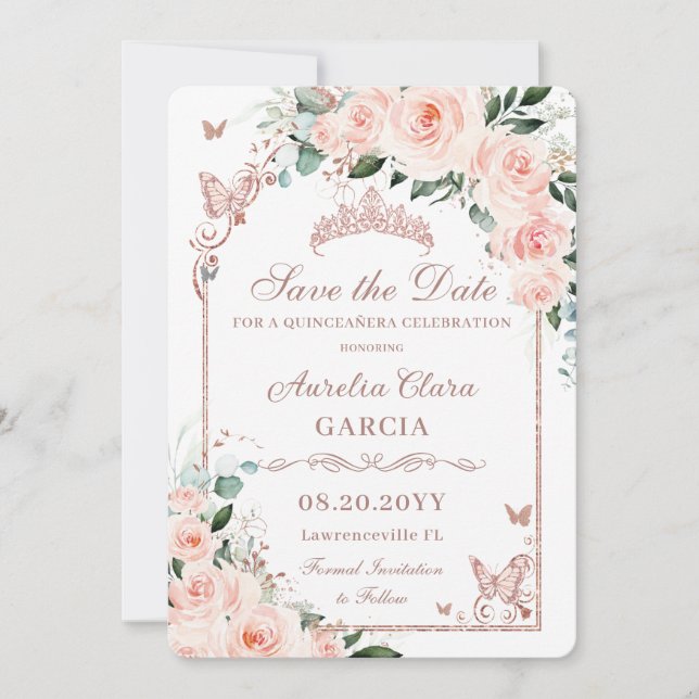 Blush Pink Bläsersüß 16 Rose Gold Quinceañera Save The Date (Vorderseite)