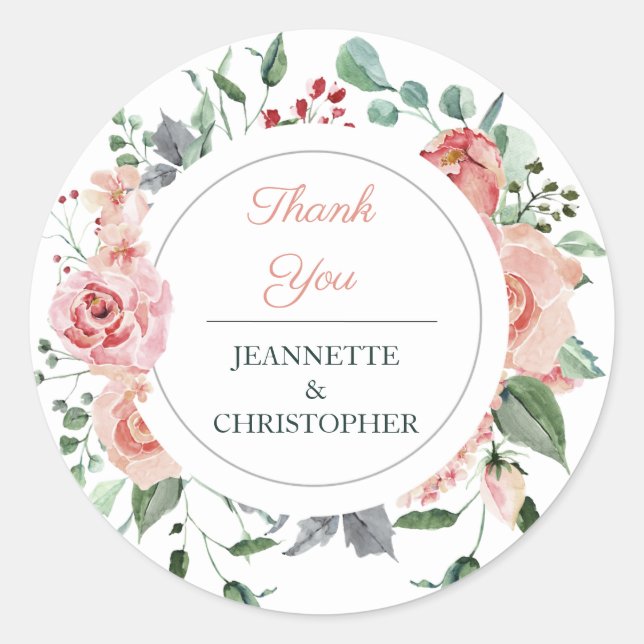 Blush Pink Bloom Romantische Hochzeit Danke Classi Runder Aufkleber (Vorderseite)