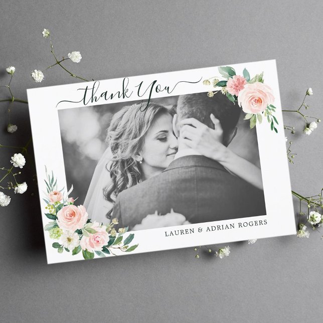 Blush Pink Bloom Wedding Danke Foto Card (Von Creator hochgeladen)