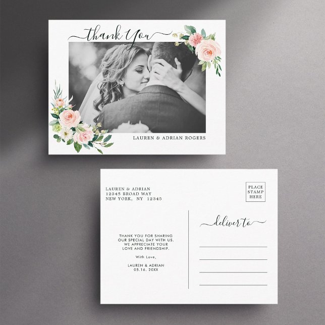 Blush Pink Bloom Wedding Danke Foto Postkarte (Front & Back)