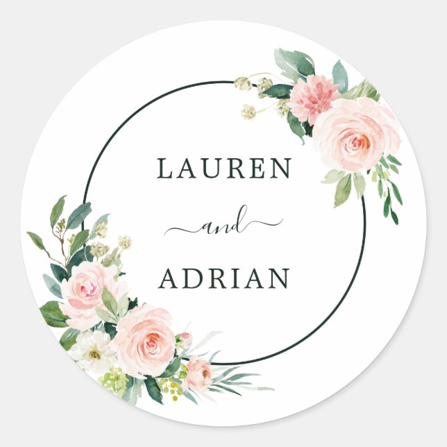 Blush Pink Bloom Wedding Runder Aufkleber (Vorderseite)