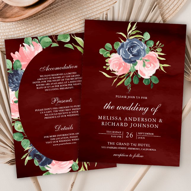 Blush Pink Bloral All in One Burgundy Wedding Einladung (Von Creator hochgeladen)
