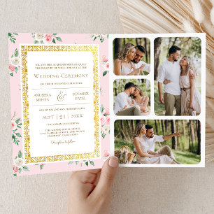 Blush Pink Bloral All in One Gold Indian Wedding Einladung