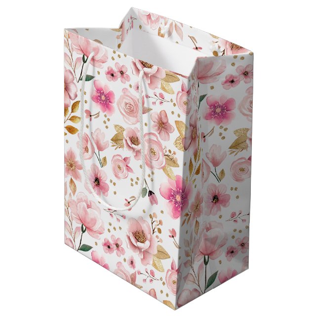 Blush Pink Bloral Baby Duschbeutel Mittlere Geschenktüte (Rückseite Schrägansicht)