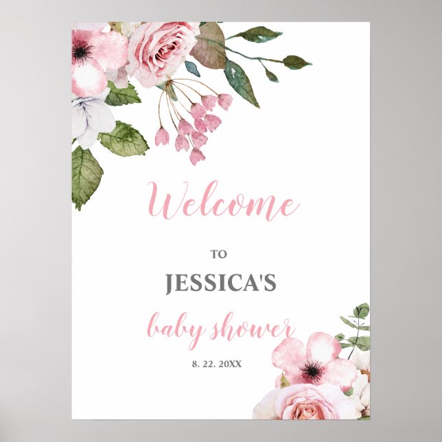 Blush Pink Bloral Baby Dusche Begrüßungszeichen, Poster (Vorne)