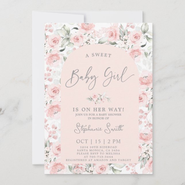 Blush Pink Bloral Baby Dusche Girl Einladung (Vorderseite)