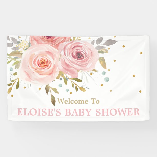 Blush Pink Bloral Baby Dusche Hintergrund Empfang Banner (Horizontal)