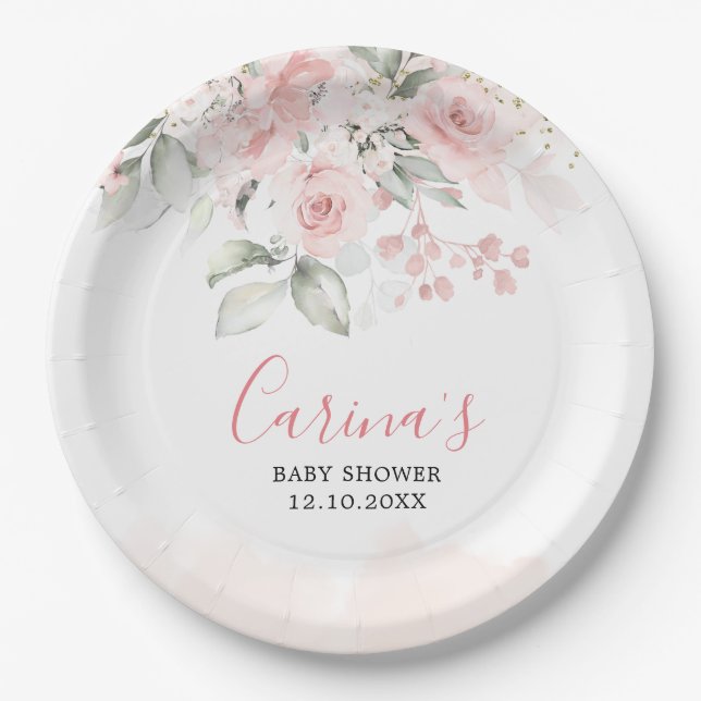 Blush Pink Bloral Baby Duschpapierplatte Pappteller (Vorderseite)