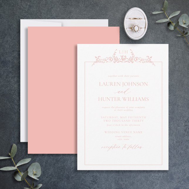 Blush Pink Bloral Border Monogram Wedding Einladung (Von Creator hochgeladen)