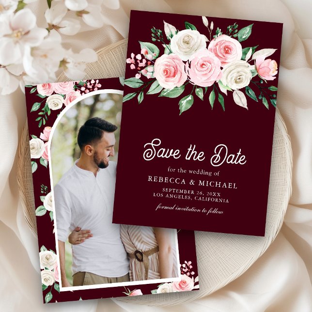Blush Pink Bloral Burgund Foto Hochzeit Save The Date (Von Creator hochgeladen)
