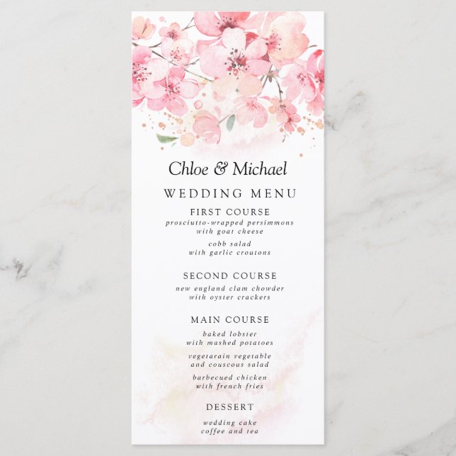 Blush Pink Bloral Cherry Blossom Hochzeit Menükarte (Vorderseite)