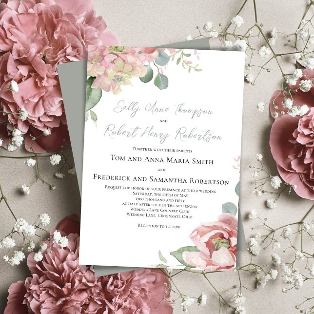Blush Pink Bloral Classic Hochzeit Einladung (Floral watercolor blush pink roses wedding invitations. )