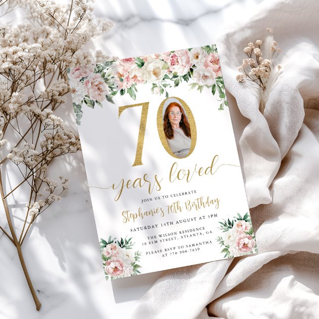 Blush Pink Bloral Foto 70. Geburtstag Einladung (Von Creator hochgeladen)
