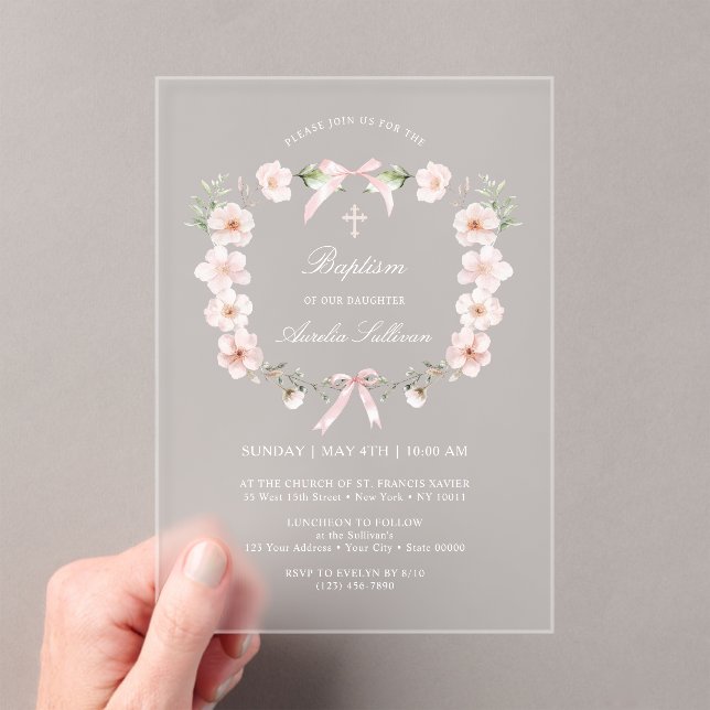 Blush Pink Bloral Frame Taufe Acryleinladungen (Insitu (Handheld))