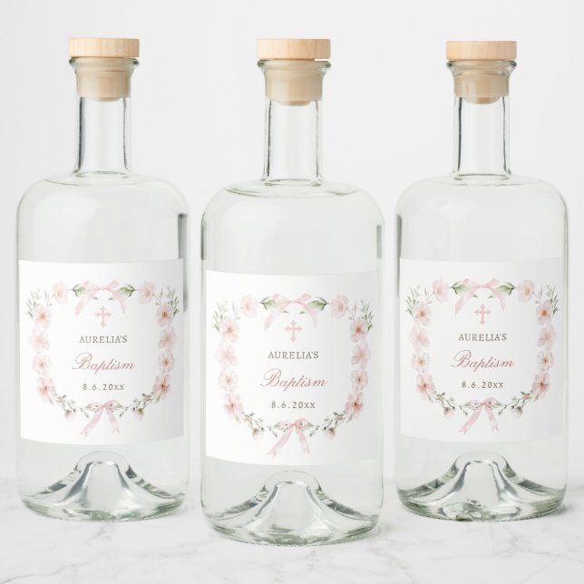 Blush Pink Bloral Frame Taufe Alkoholflaschenetikett (Flaschen)