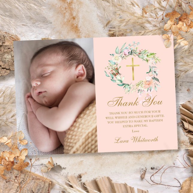 Blush Pink Bloral Garland Taufe Foto Dankeskarte (Blush Pink Floral Garland Baptism Photo Thank You Card)