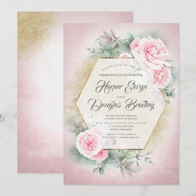 Blush Pink Bloral Geometric Frame Engagement Party Einladung (Vorne/Hinten)