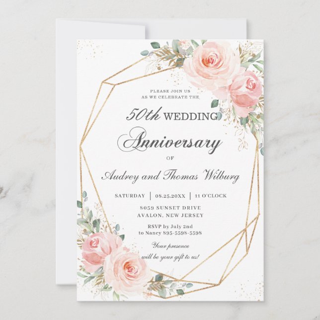 Blush Pink Bloral Geometric Hochzeitjubiläum Einladung (Vorderseite)