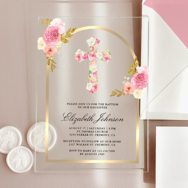 Blush Pink Bloral Gold Arch Taufe Acryleinladungen (Von Creator hochgeladen)