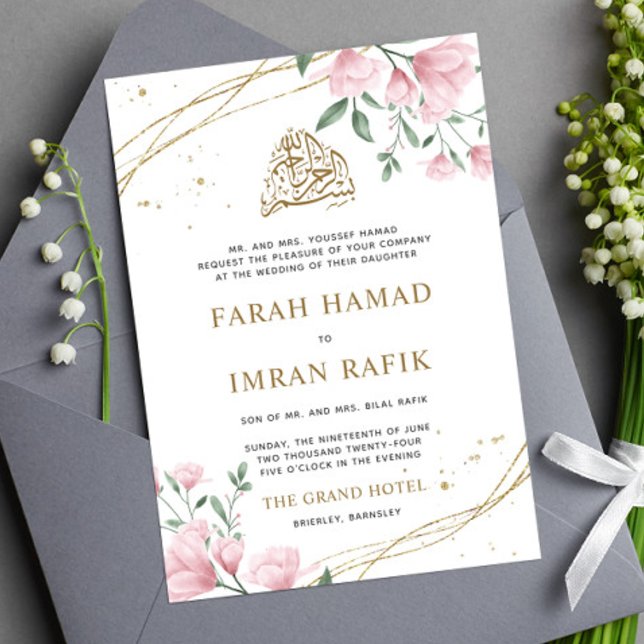 Blush Pink Bloral Gold Border Muslim Wedding Einladung (Von Creator hochgeladen)