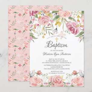 Blush Pink Bloral Gold Cross Taufe Einladung