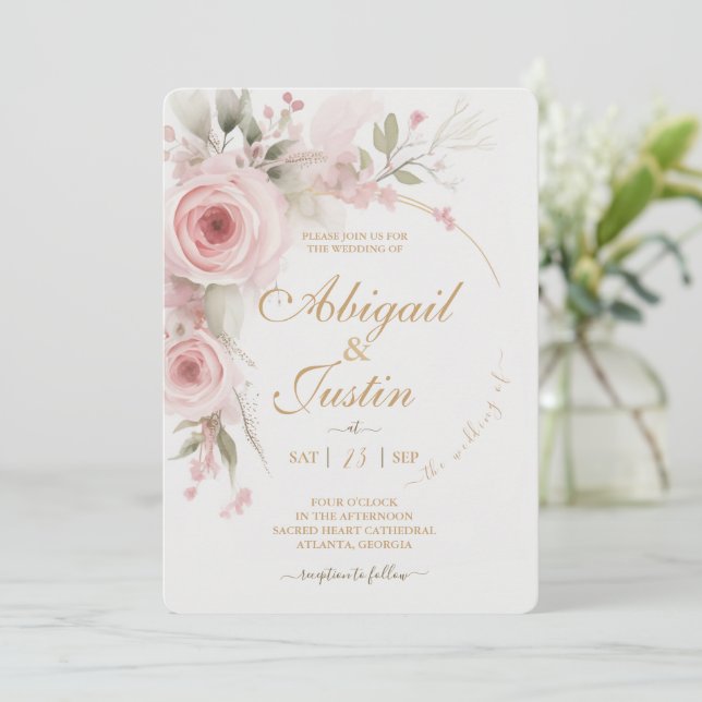 Blush Pink Bloral Hochzeit Einladung Weiße Blume (Stehend Vorderseite)