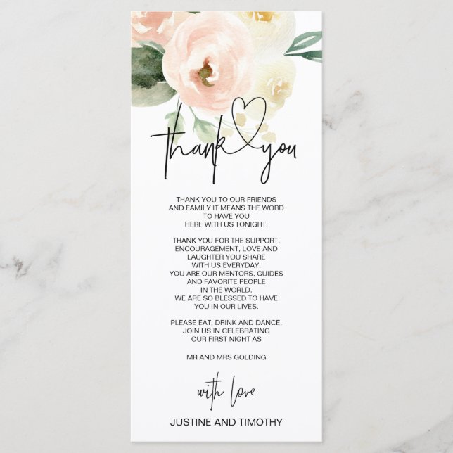 Blush Pink Bloral Hochzeit Vielen Dank Tischeinste Menükarte (Vorderseite)