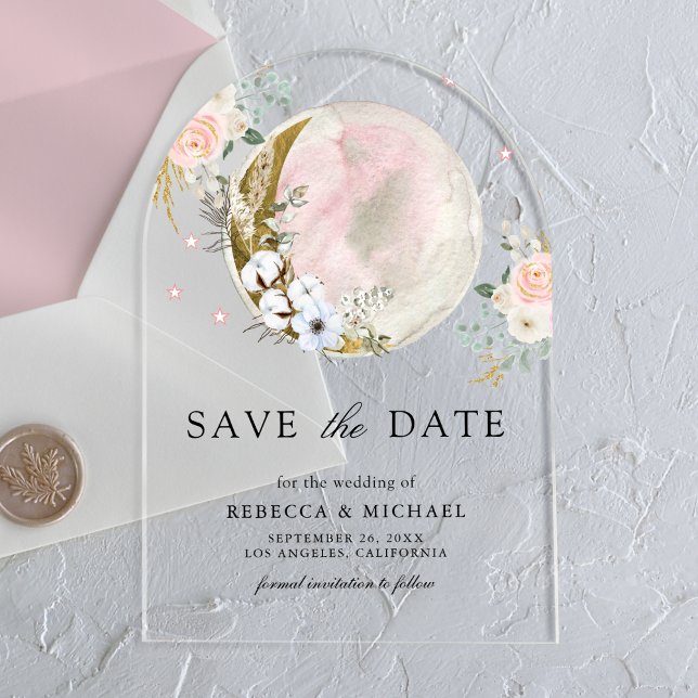 Blush Pink Bloral Moon Hochzeit Save the Date Acryleinladungen (Von Creator hochgeladen)