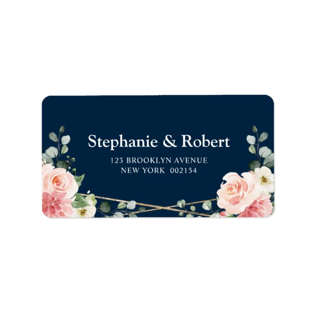 Blush Pink Bloral Navy Geometric Botanical Wedding Adressaufkleber (Vorne)