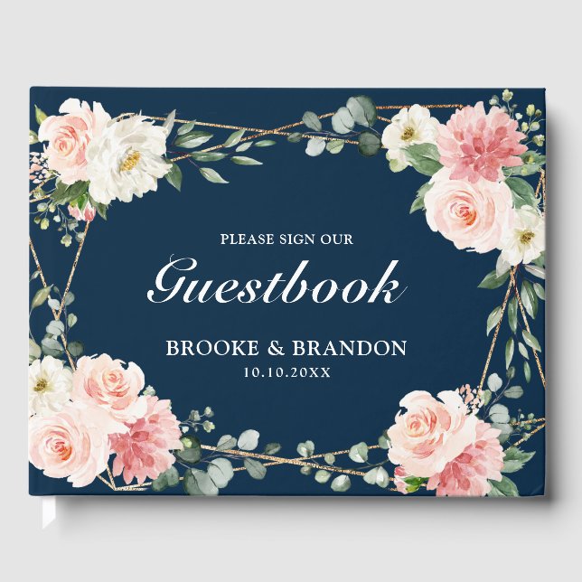 Blush Pink Bloral Navy Geometric Botanical Wedding Gästebuch (Vorderseite)