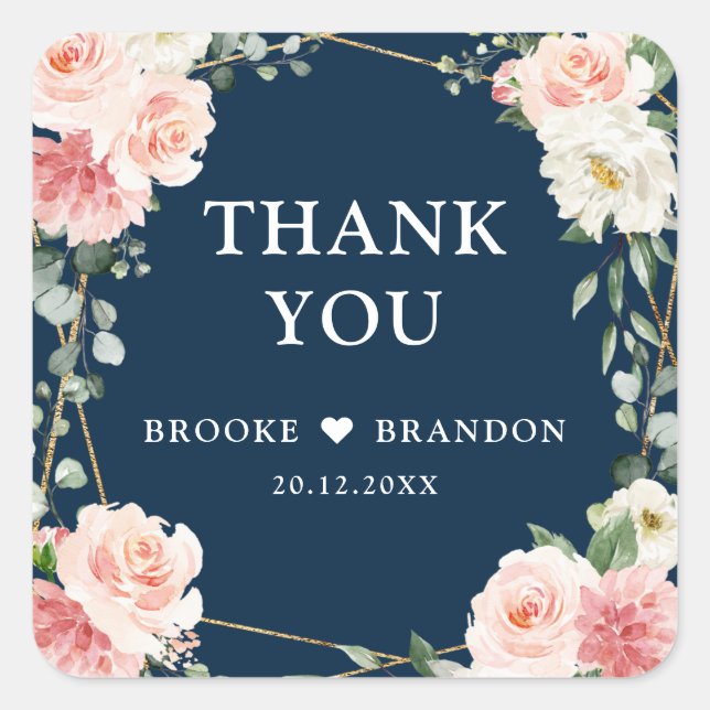 Blush Pink Bloral Navy Geometric Botanical Wedding Quadratischer Aufkleber (Vorderseite)