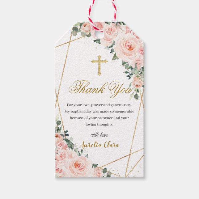 Blush Pink Bloral Taufe Christening Gold Cross Geschenkanhänger (Vorderseite)
