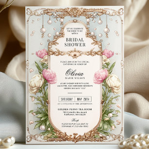 Blush Pink Bloral und Grün Pearl Brautparty Einladung