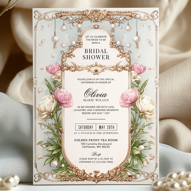 Blush Pink Bloral und Grün Pearl Brautparty Einladung (Von Creator hochgeladen)
